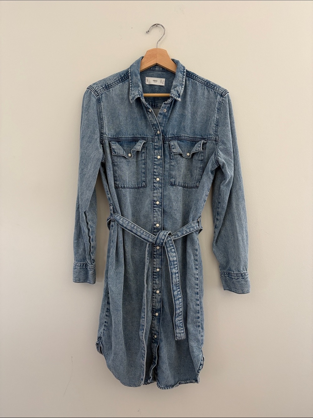 Light Blue Denim Long-Sleeve Shirt Dress with Self-Tie Belt